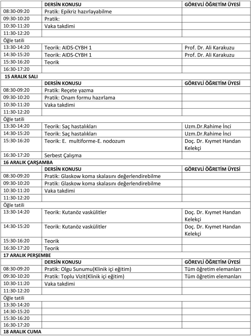 Ali Karakuzu 15:30-16:20 Teorik 15 ARALIK SALI 08:30-09:20 Pratik: Reçete yazma 09:30-10:20 Pratik: Onam formu hazırlama 13:30-14:20 Teorik: Saç hastalıkları Uzm.Dr.