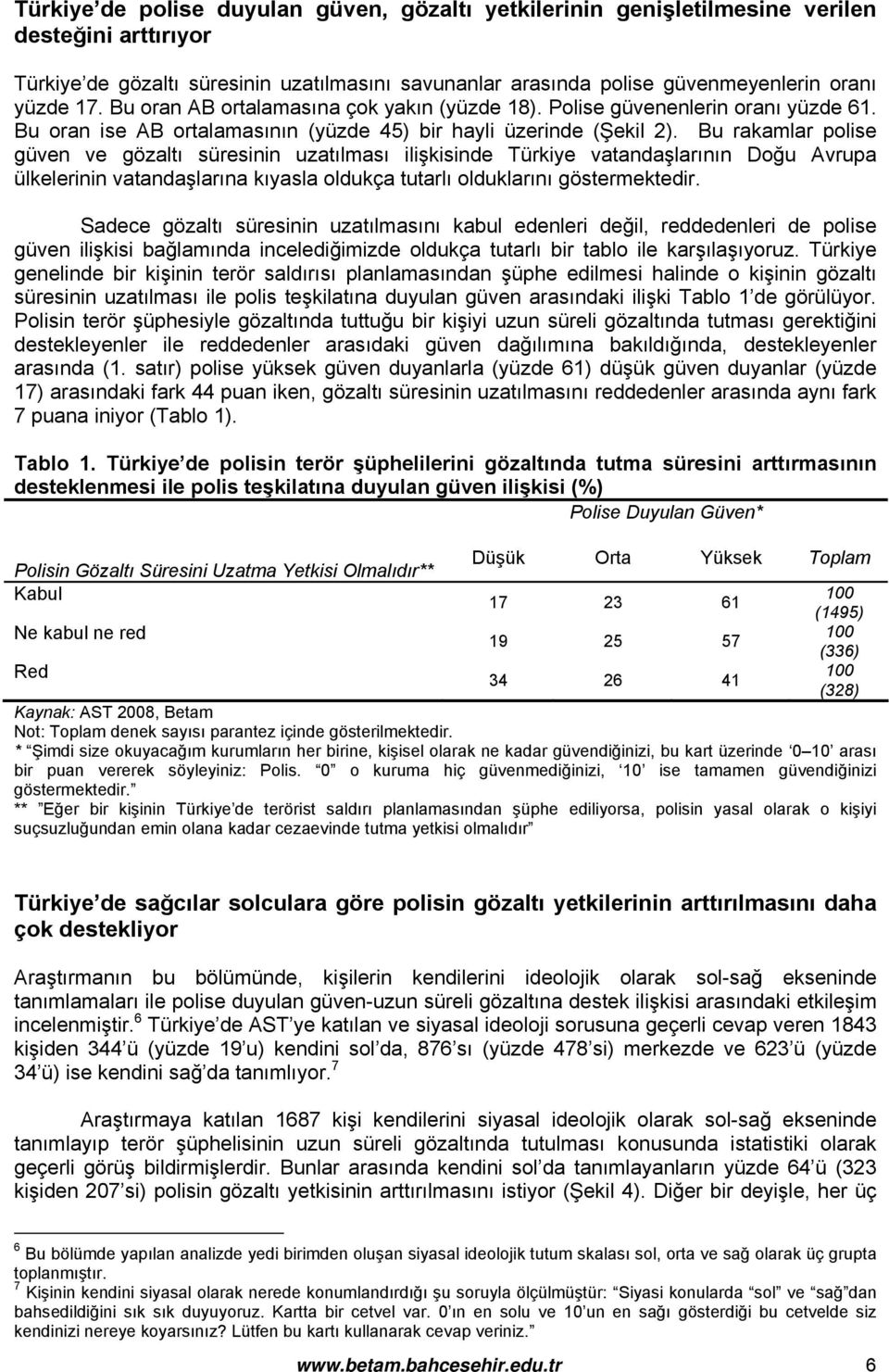 Bu rakamlar polise güven ve gözaltı süresinin uzatılması ilişkisinde Türkiye vatandaşlarının Doğu Avrupa ülkelerinin vatandaşlarına kıyasla oldukça tutarlı olduklarını göstermektedir.