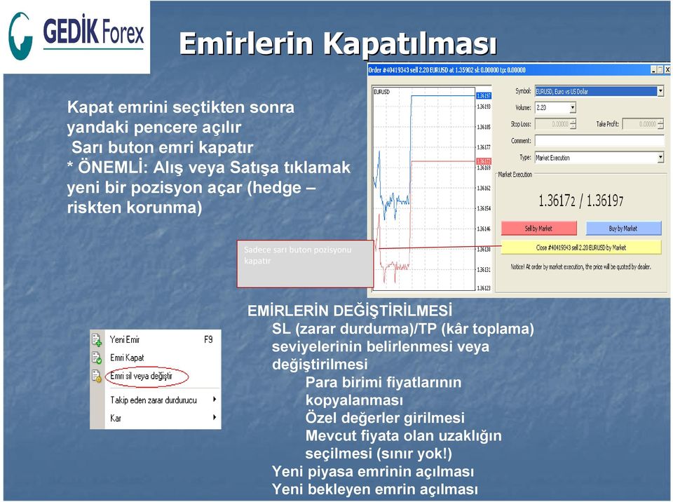 SL (zarar durdurma)/tp (kâr toplama) seviyelerinin belirlenmesi veya değiştirilmesi Para birimi fiyatlarının kopyalanması