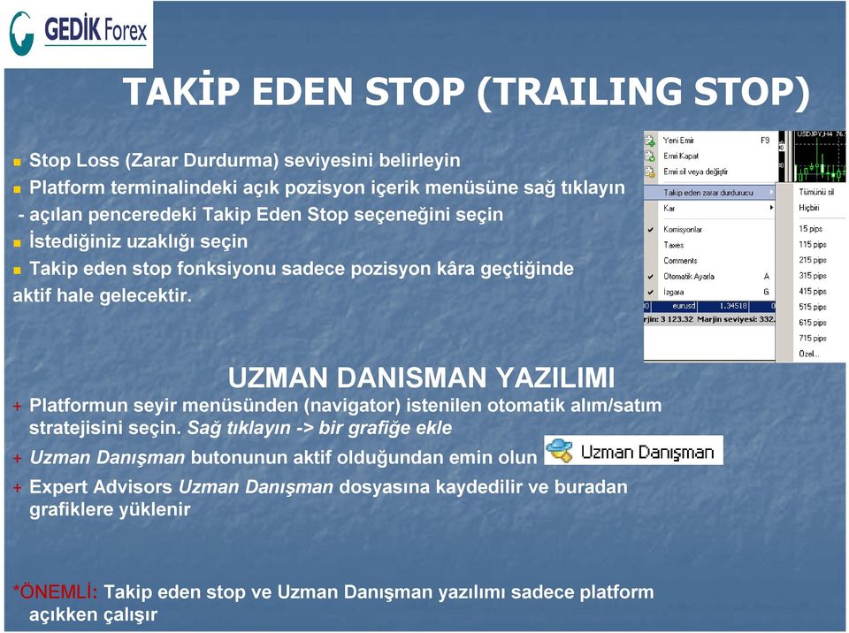 UZMAN DANISMAN YAZILIMI + Platformun seyir menüsünden (navigator) istenilen otomatik alım/satım stratejisini seçin.