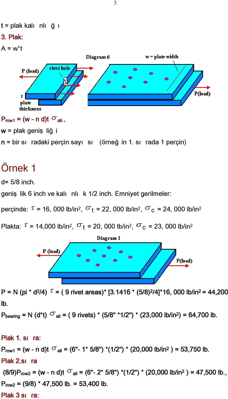 Emniyet gerilmeler: perçinde: = 16, 000 lb/in 2, t = 22, 000 lb/in 2, c = 24, 000 lb/in 2 Plakta: = 14,000 lb/in 2, t = 20, 000 lb/in 2, c = 23, 000 lb/in 2 P = N (pi * d 2 /4) = ( 9 rivet areas)*