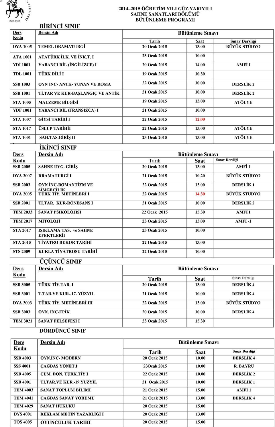 TAR VE KUR-BAŞLANGIÇ VE ANTİK 21 Ocak 10.00 DERSLİK 2 STA 1005 MALZEME BİLGİSİ 19 Ocak 13.00 ATÖLYE YDF 1001 YABANCI DİL (FRANSIZCA) I 21 Ocak 10.00 STA 1007 GİYSİ TARİHİ I 22 Ocak 12.