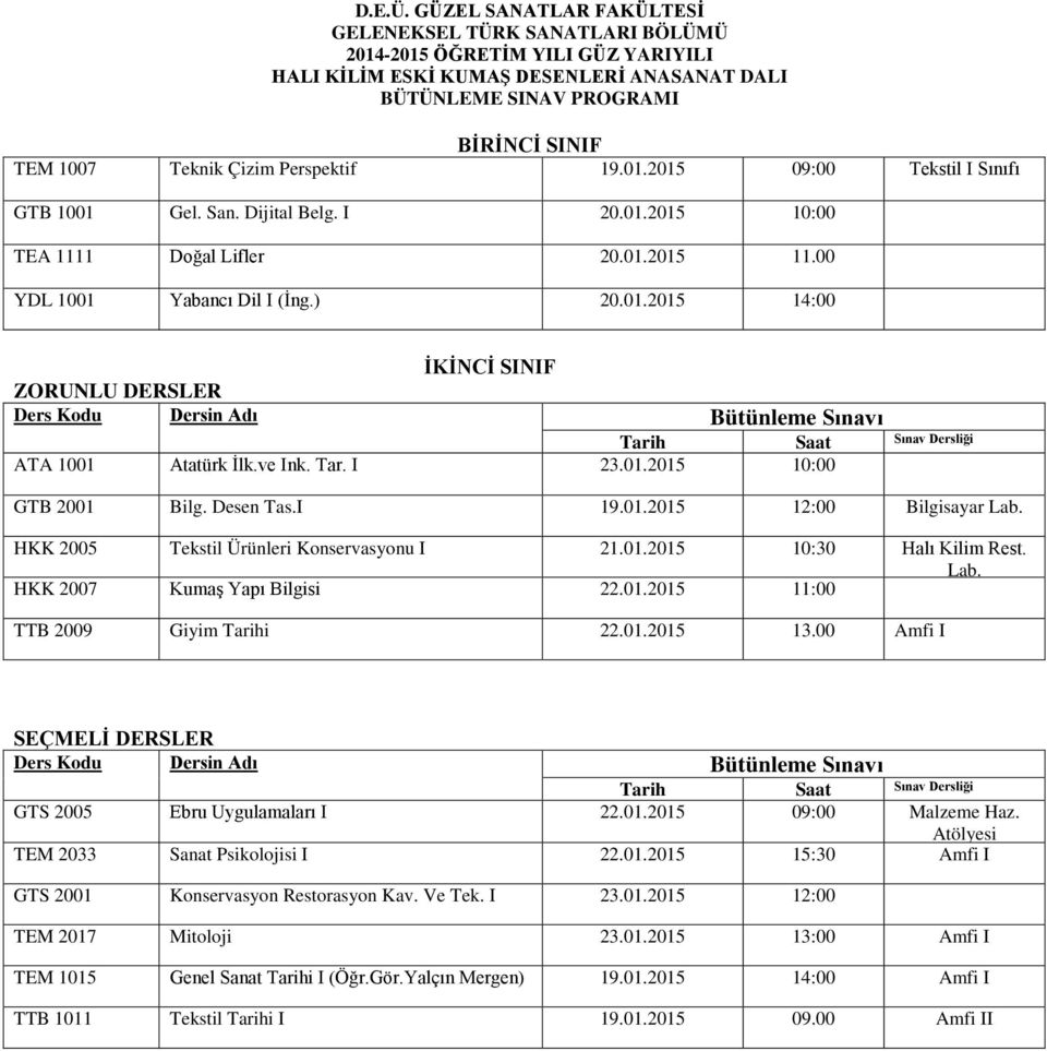 Perspektif 19.01. Tekstil I Sınıfı GTB 1001 Gel. San. Dijital Belg. I 20.01. TEA 1111 Doğal Lifler 20.01. 11.00 YDL 1001 Yabancı Dil I (İng.) 20.01. İKİNCİ SINIF ZORUNLU DERSLER ATA 1001 Atatürk İlk.