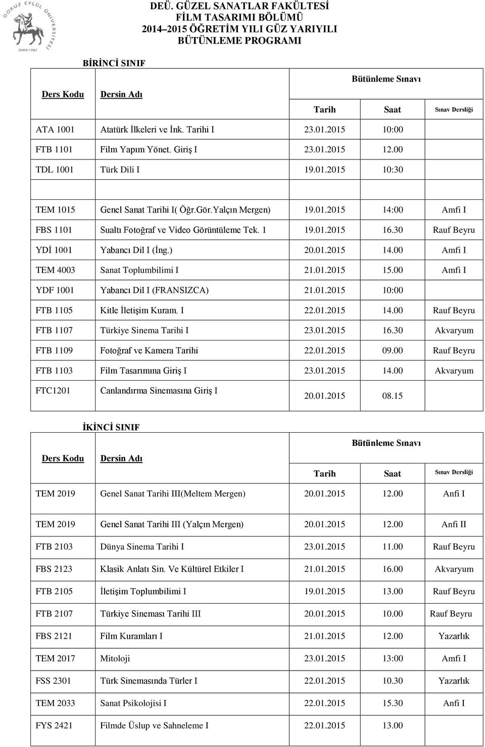 1 19.01. 16.30 Rauf Beyru YDİ 1001 Yabancı Dil I (İng.) 20.01. 14.00 Amfi I TEM 4003 Sanat Toplumbilimi I 21.01. 15.00 Amfi I YDF 1001 Yabancı Dil I (FRANSIZCA) 21.01. FTB 1105 Kitle İletişim Kuram.