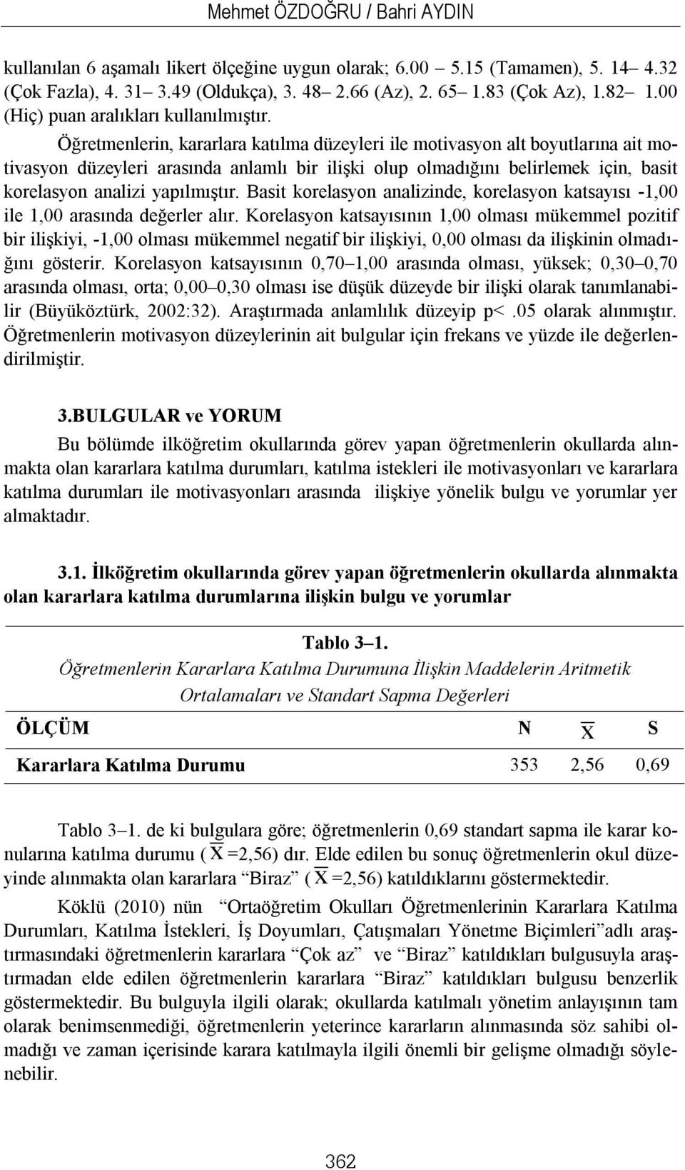 Öğretmenlerin, kararlara katılma düzeyleri ile motivasyon alt boyutlarına ait motivasyon düzeyleri arasında anlamlı bir ilişki olup olmadığını belirlemek için, basit korelasyon analizi yapılmıştır.