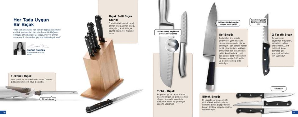Simone Finnern Tchibo Yemek ve Lezzet Uzmanı Bıçak Setli Bıçak Standı 5 adet kaliteli mutfak bıçağı: Ekmek bıçağı, yemek bıçağı, et bıçağı, çok yönlü bıçak, soyma bıçağı. Her mutfağa lazım!
