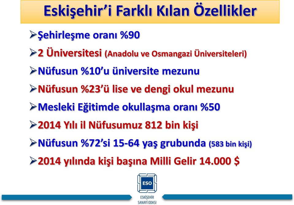 okul mezunu Mesleki Eğitimde okullaşma oranı %50 2014 Yılı il Nüfusumuz 812 bin kişi