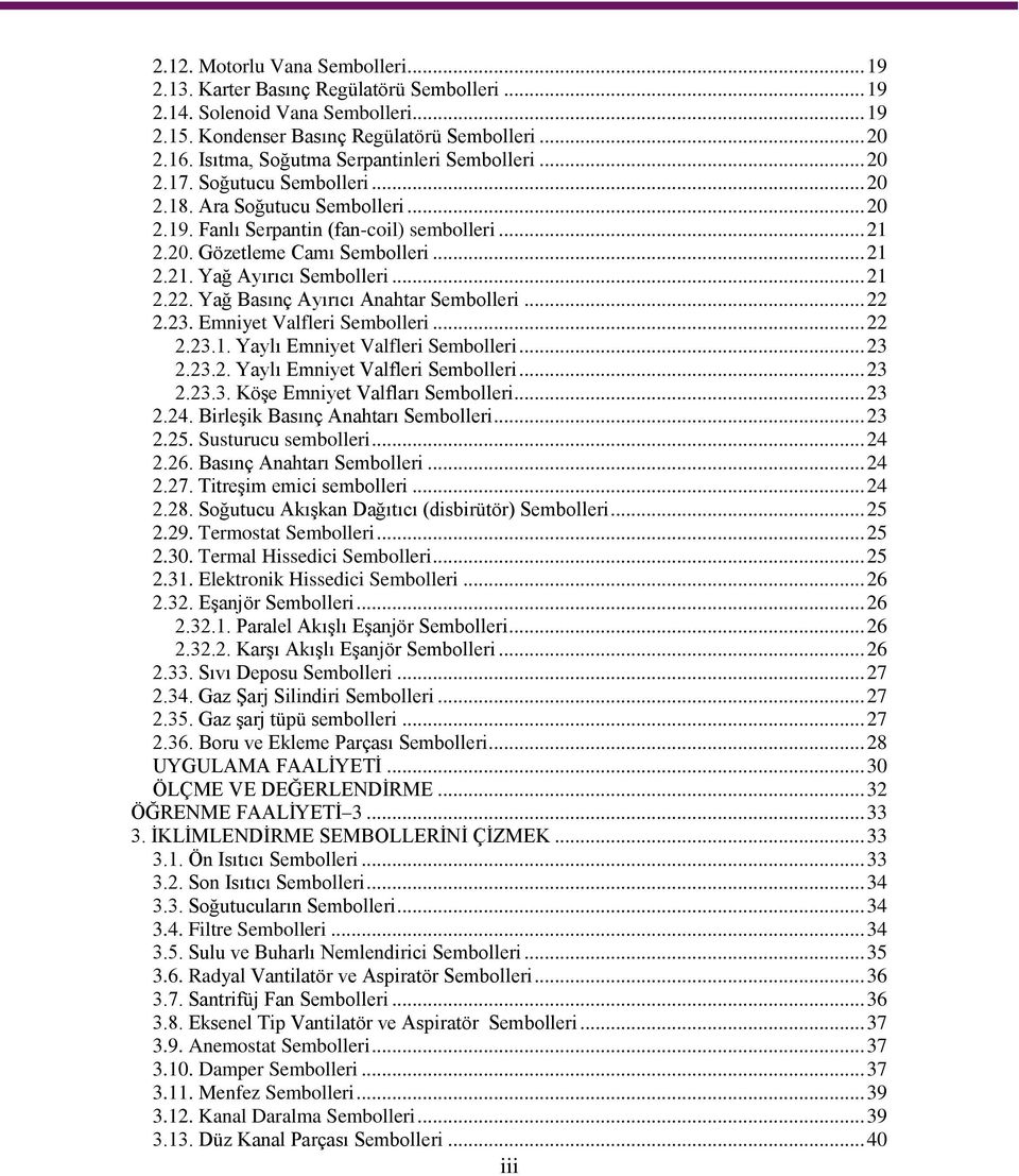 .. 21 2.21. Yağ Ayırıcı Sembolleri... 21 2.22. Yağ Basınç Ayırıcı Anahtar Sembolleri... 22 2.23. Emniyet Valfleri Sembolleri... 22 2.23.1. Yaylı Emniyet Valfleri Sembolleri... 23 2.23.2. Yaylı Emniyet Valfleri Sembolleri... 23 2.23.3. Köşe Emniyet Valfları Sembolleri.