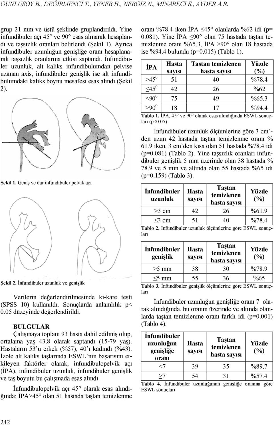 İnfundibuler uzunluk, alt kaliks infundibulumdan pelvise uzanan axis, infundibuler genişlik ise alt infundibulumdaki kaliks boynu mesafesi esas alındı (Şekil 2). Şekil 1.