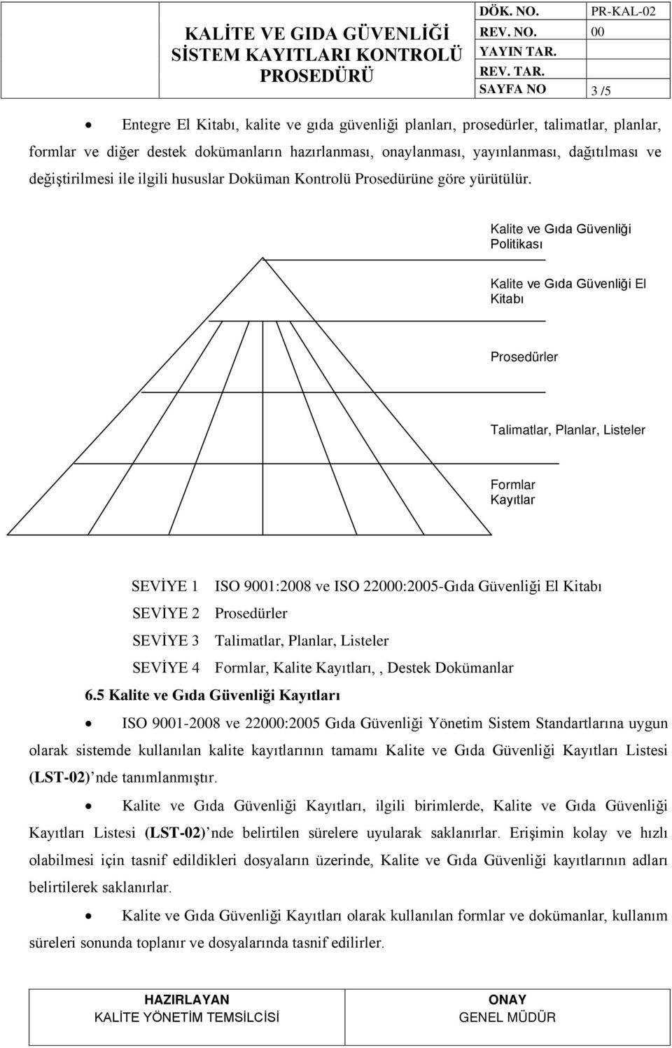 Kalite ve Gıda Güvenliği Politikası Kalite ve Gıda Güvenliği El Kitabı Prosedürler Talimatlar, Planlar, Listeler Formlar Kayıtlar SEVİYE 1 ISO 9001:2008 ve ISO 22000:2005-Gıda Güvenliği El Kitabı