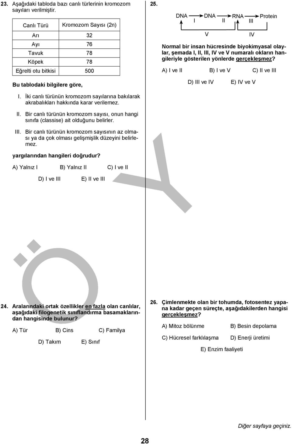 Bir canlı türünün kromozom sayısının az olması ya da çok olması gelişmişlik düzeyini belirlemez. yargılarından hangileri doğrudur? A) alnız I B) alnız II C) I ve II D) I ve III E) II ve III 5.