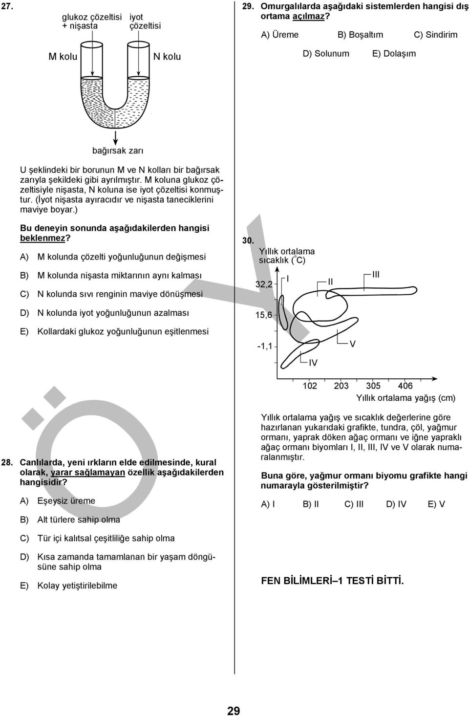 M koluna glukoz çözeltisiyle nişasta, N koluna ise iyot çözeltisi konmuştur. (İyot nişasta ayıracıdır ve nişasta taneciklerini maviye boyar.) Bu deneyin sonunda aşağıdakilerden hangisi beklenmez?