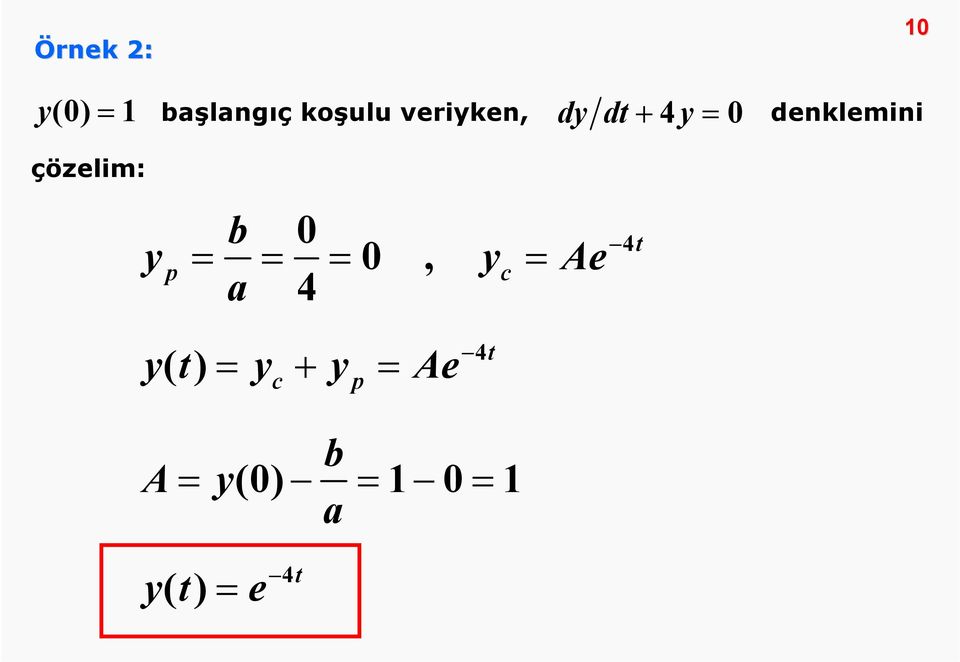 çözelim: b 0 y p = = = 0, yc = Ae a 4 yt ()