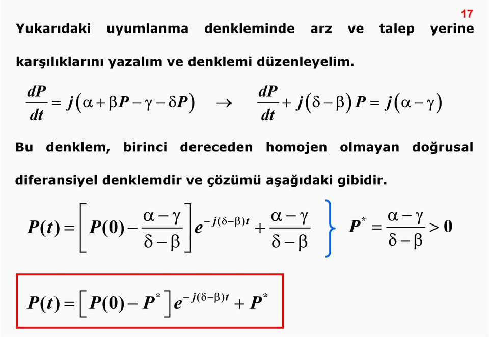 dp dt dp = j α+βp γ δp + j δ β P = j α γ dt ( ) ( ) ( ) Bu denklem, birinci dereceden