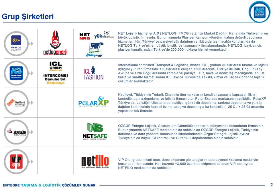 taşımacılık firmalarındandır. NETLOG, bayi, zincir, plasiyer kanallarından Türkiye de 200,000 noktaya hizmet vermektedir.