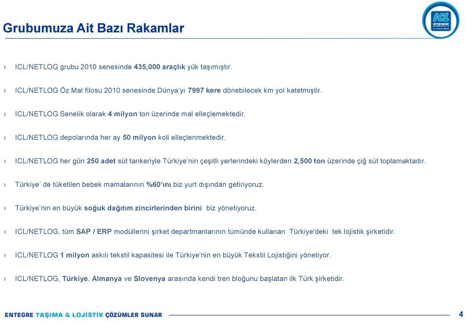 ICL/NETLOG her gün 250 adet süt tankeriyle Türkiye nin çeşitli yerlerindeki köylerden 2,500 ton üzerinde çiğ süt toplamaktadır.