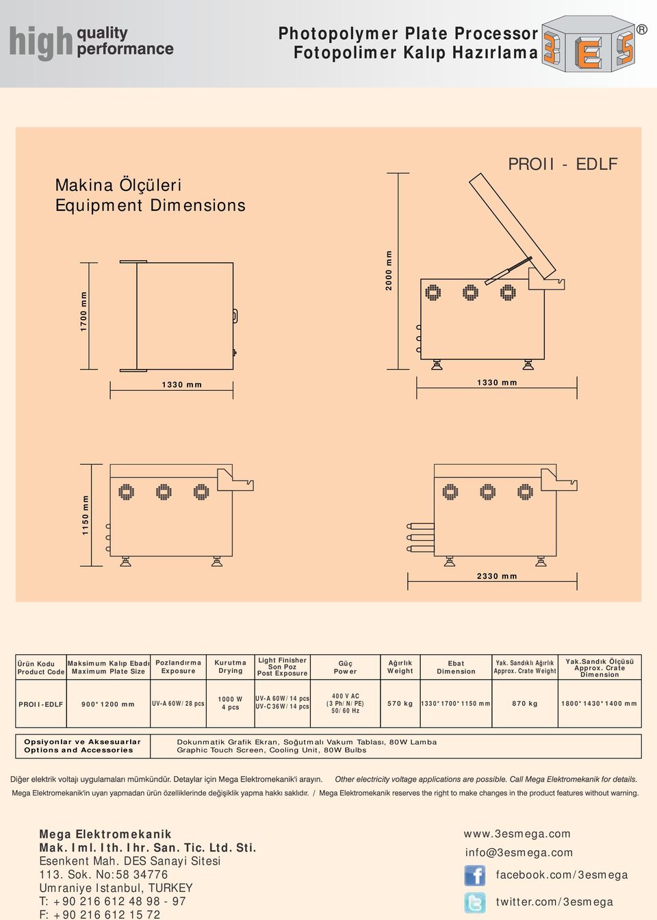 400 V AC (3 Ph/N/PE) 570 kg 1330*1700*1150 mm 870 kg 1800*1430*1400 mm Dokunmatik