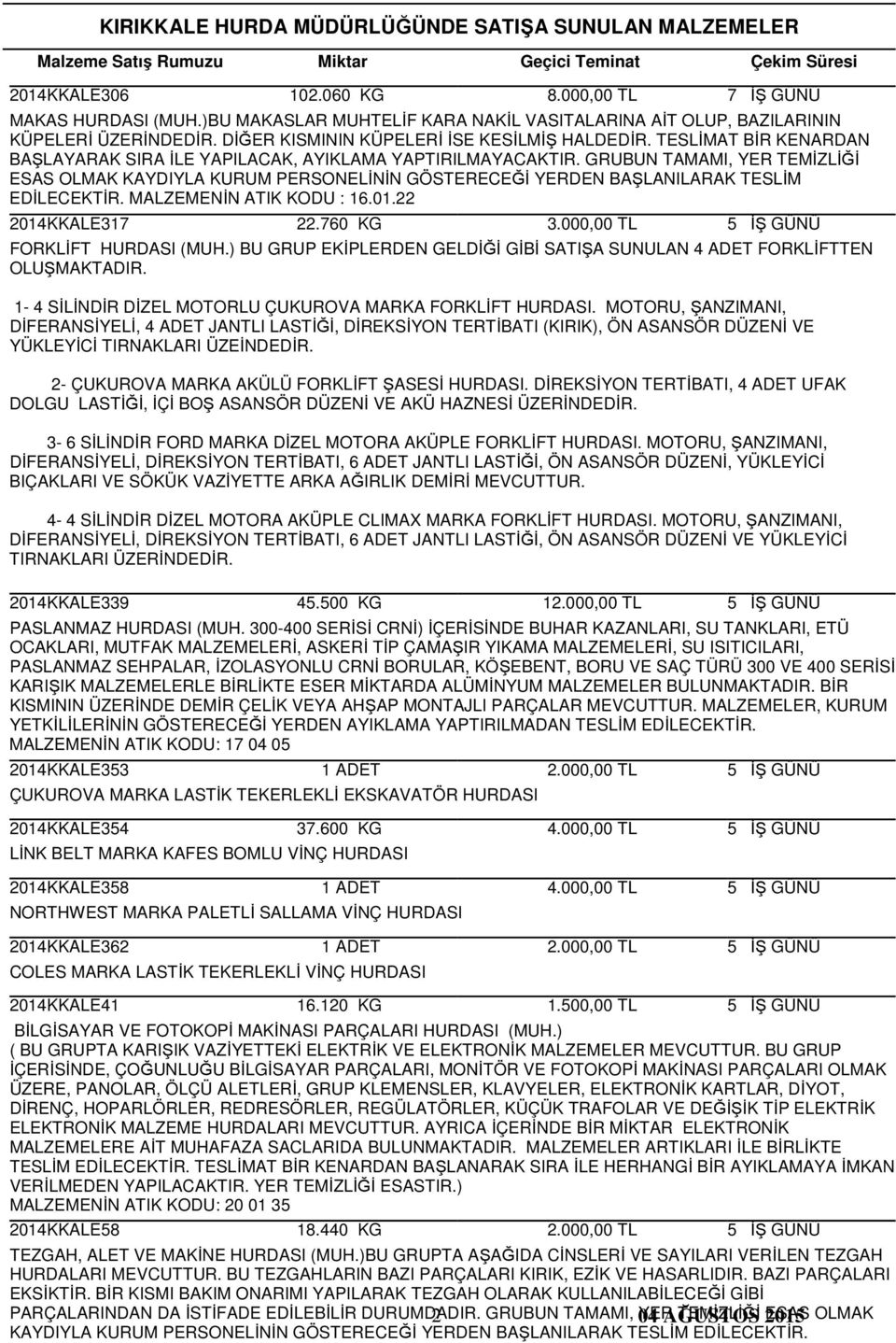 GRUBUN TAMAMI, YER TEMİZLİĞİ ESAS OLMAK KAYDIYLA KURUM PERSONELİNİN GÖSTERECEĞİ YERDEN BAŞLANILARAK TESLİM MALZEMENİN ATIK KODU : 16.01.22 2014KKALE317 22.760 KG 3.000,00 TL FORKLİFT HURDASI (MUH.