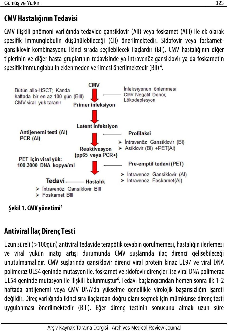 CMV hastalığının diğer tiplerinin ve diğer hasta gruplarının tedavisinde ya intravenöz gansiklovir ya da foskarnetin spesifik immunglobulin eklenmeden verilmesi önerilmektedir (BII) 4. Şekil 1.