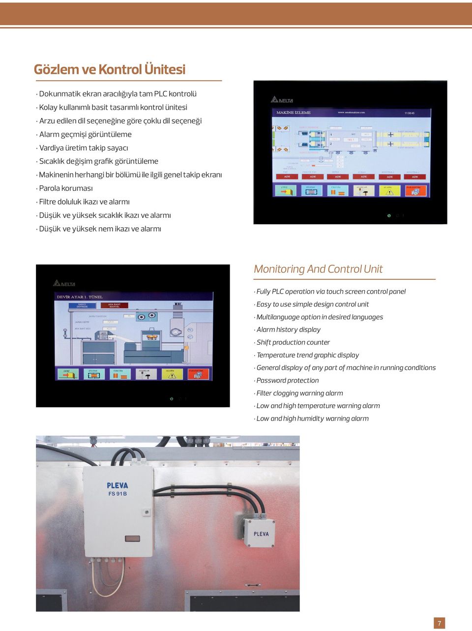 ikazı ve alarmı Düşük ve yüksek nem ikazı ve alarmı Monitoring And Control Unit Fully PLC operation via touch screen control panel Easy to use simple design control unit Multilanguage option in