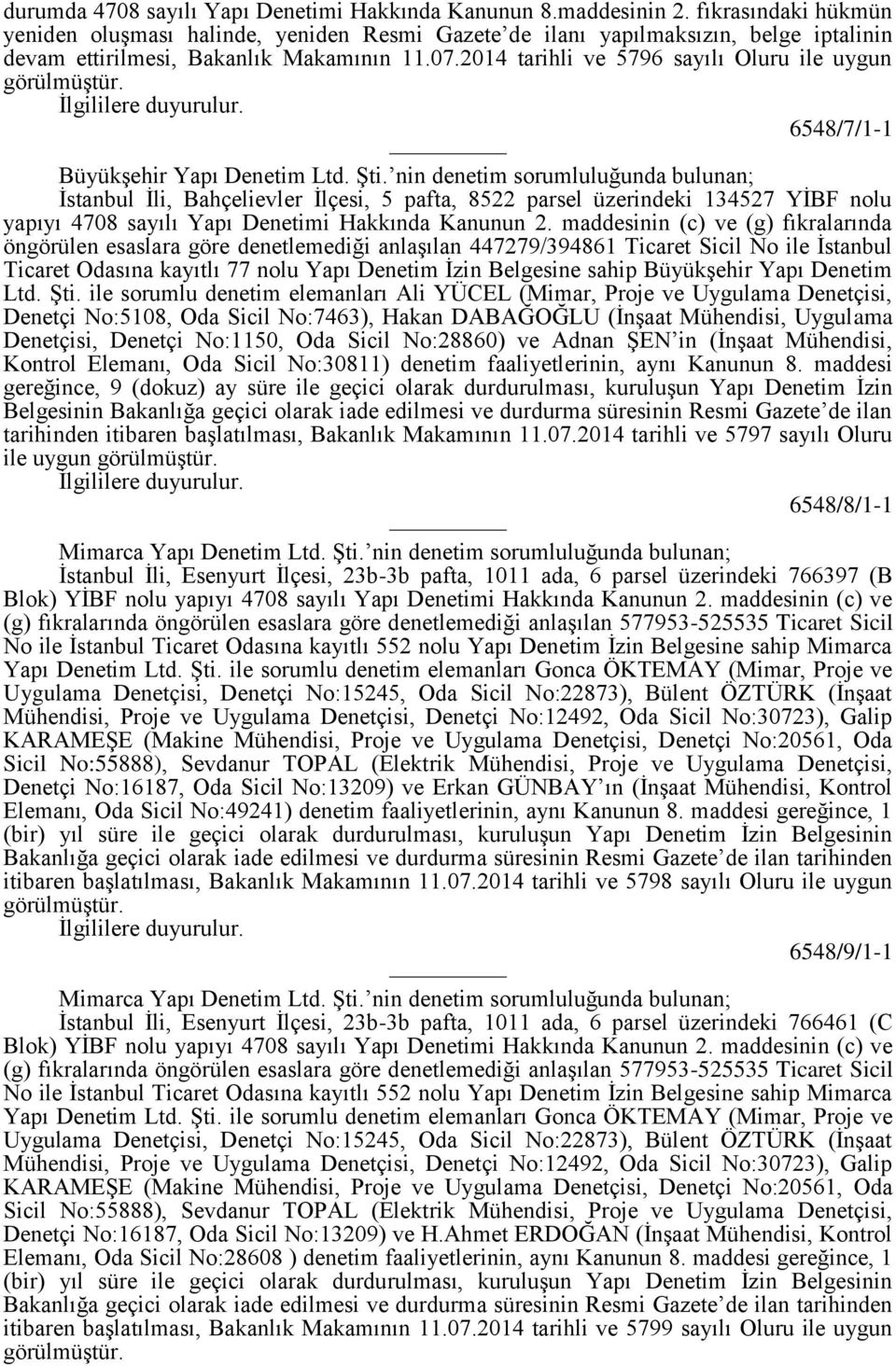 2014 tarihli ve 5796 sayılı Oluru ile uygun görülmüştür. 6548/7/1-1 Büyükşehir Yapı Denetim Ltd. Şti.