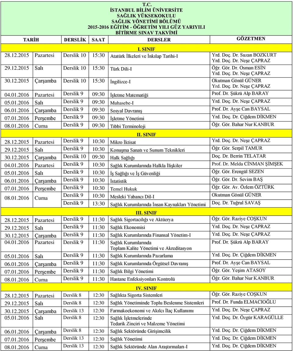 01.2016 Çarşamba Derslik 9 09:30 Sosyal Davranış Prof. Dr. Ayşe Can BAYSAL 07.01.2016 Perşembe Derslik 9 09:30 İşletme Yönetimi Yrd. Doç. Dr. Çiğdem DİKMEN 08.01.2016 Cuma Derslik 9 09:30 Tıbbi Terminoloji Öğr.