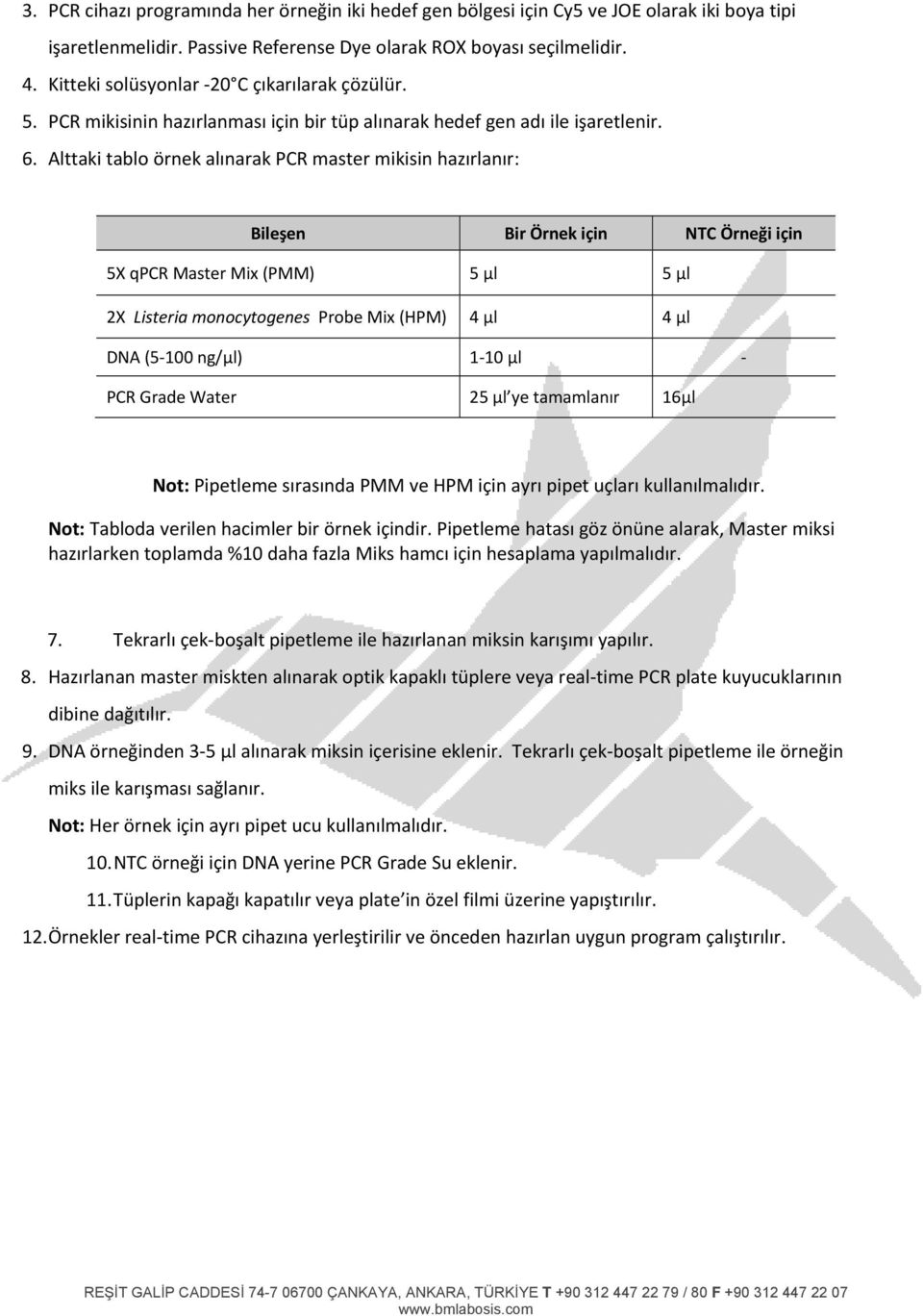 Alttaki tablo örnek alınarak PCR master mikisin hazırlanır: Bileşen Bir Örnek için NTC Örneği için 5X qpcr Master Mix (PMM) 5 µl 5 µl 2X Listeria monocytogenes Probe Mix (HPM) 4 µl 4 µl DNA (5 100