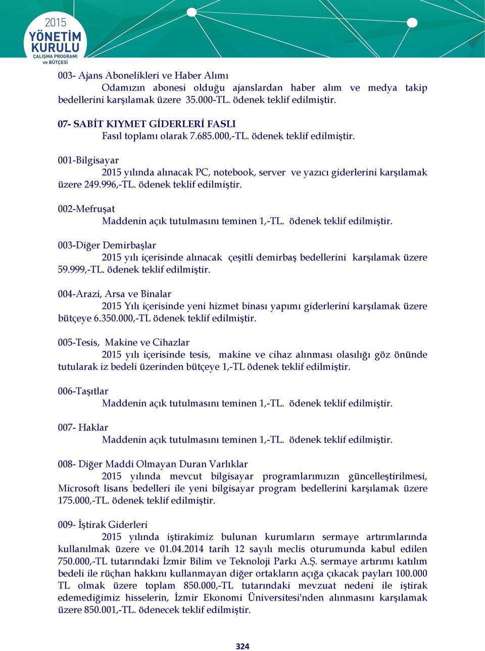 996,-TL. ödenek teklif edilmiştir. 002-Mefruşat Maddenin açık tutulmasını teminen 1,-TL. ödenek teklif edilmiştir. 003-Diğer Demirbaşlar 2015 yılı içerisinde alınacak çeşitli demirbaş bedellerini karşılamak üzere 59.