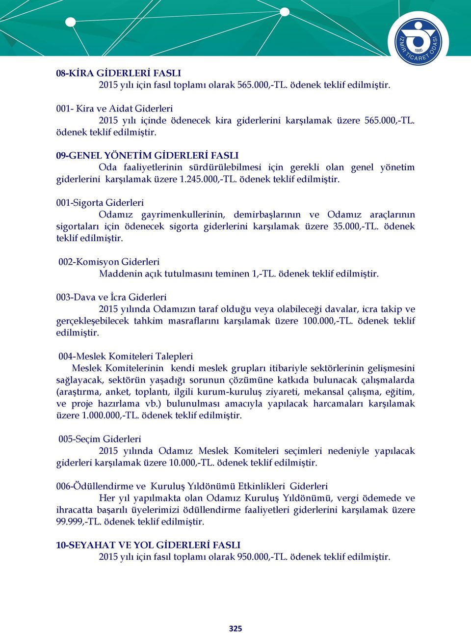 09-GENEL YÖNETİM GİDERLERİ FASLI Oda faaliyetlerinin sürdürülebilmesi için gerekli olan genel yönetim giderlerini karşılamak üzere 1.245.000,-TL. ödenek teklif edilmiştir.