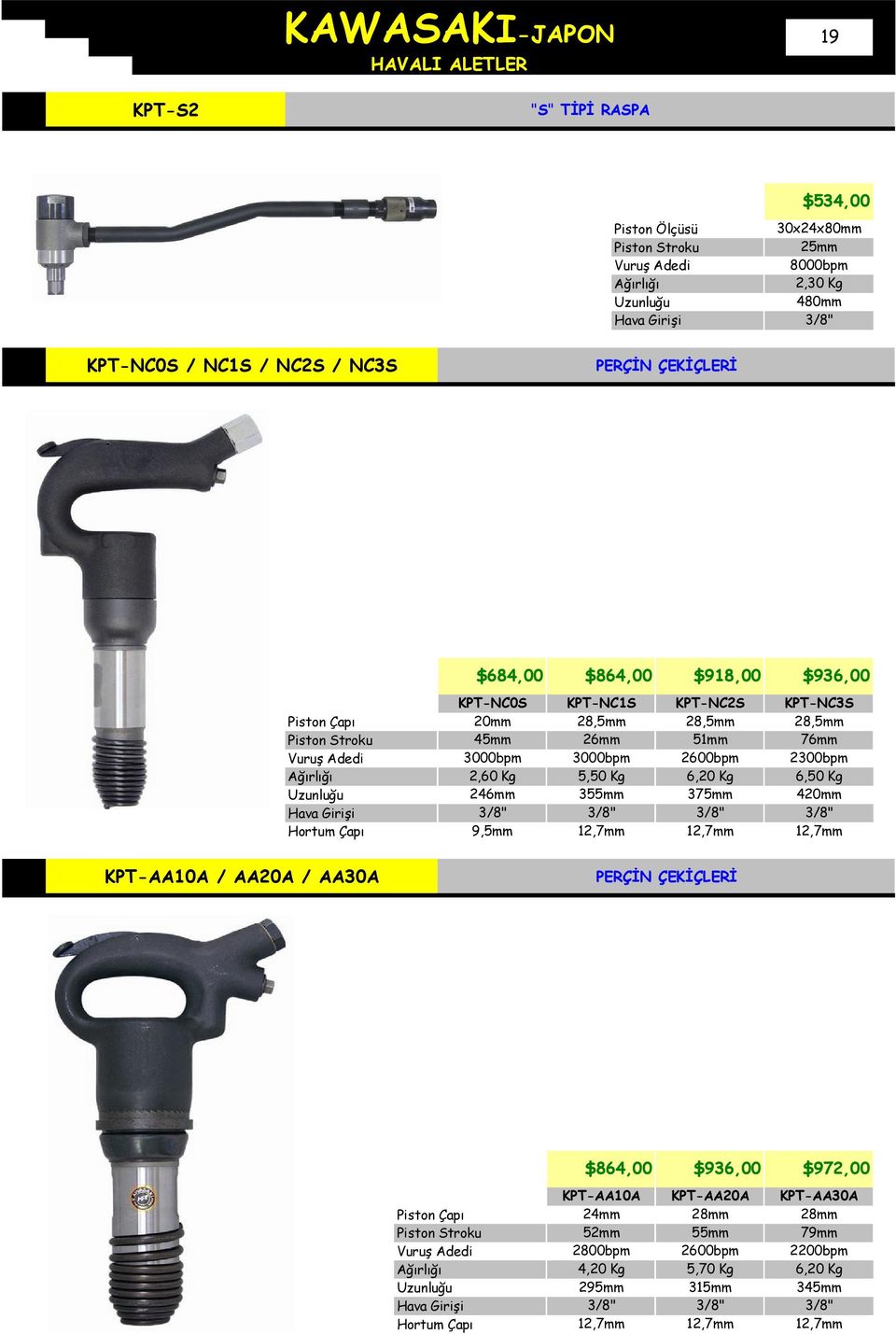 2600bpm 6,20 Kg 375mm 12,7mm KPT-NC3S 28,5mm 76mm 2300bpm 6,50 Kg 420mm 12,7mm KPT-AA10A / AA20A / AA30A PERÇİN ÇEKİÇLERİ $864,00 $936,00 $972,00