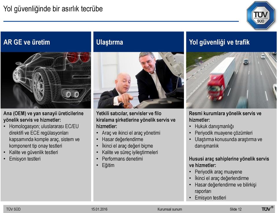 servis ve hizmetler: Araç ve ikinci el araç yönetimi Hasar değerlendirme İkinci el araç değeri biçme Kalite ve süreç iyileştirmeleri Performans denetimi Eğitim Resmi kurumlara yönelik servis ve