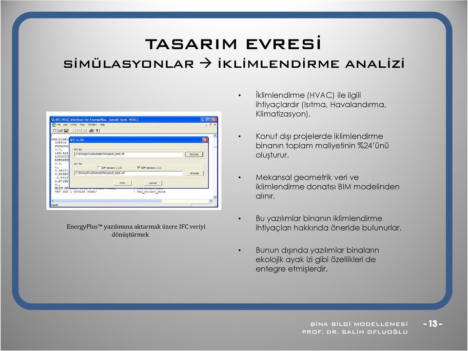 Mekansal geometrik veri ve iklimlendirme donatısı BIM modelinden alınır.