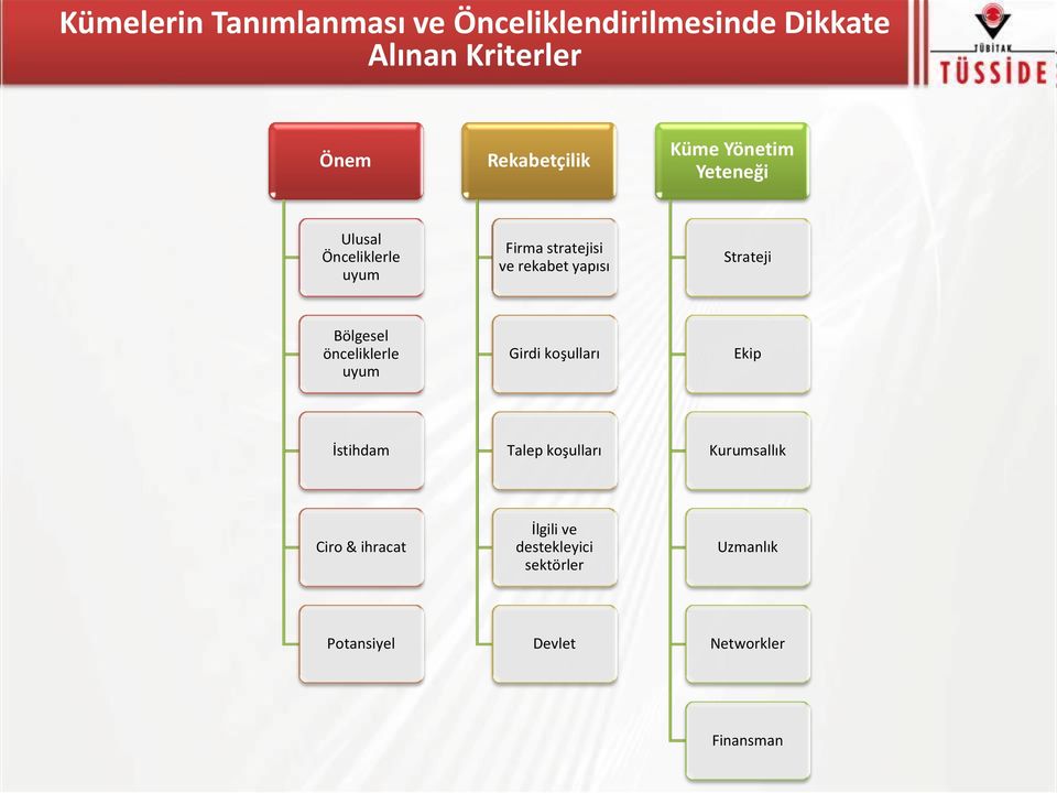 yapısı Strateji Bölgesel önceliklerle uyum Girdi koşulları Ekip İstihdam Talep koşulları