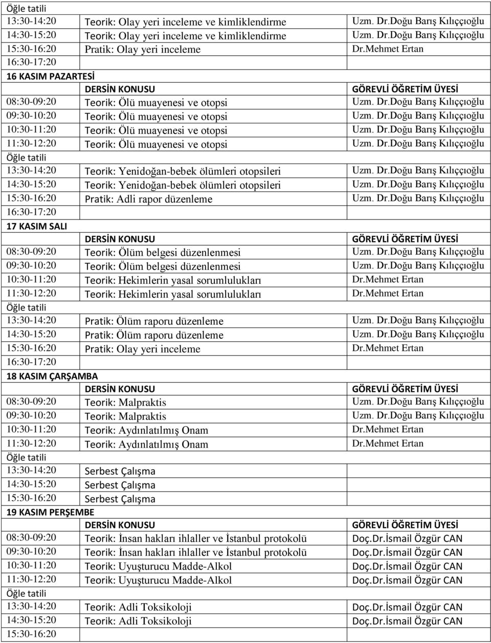 Dr.Doğu Barış 11:30-12:20 Teorik: Ölü muayenesi ve otopsi Uzm. Dr.Doğu Barış 13:30-14:20 Teorik: Yenidoğan-bebek ölümleri otopsileri Uzm. Dr.Doğu Barış 14:30-15:20 Teorik: Yenidoğan-bebek ölümleri otopsileri Uzm.