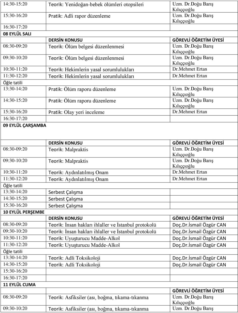 Dr.Doğu Barış Pratik: Olay yeri inceleme Dr.Mehmet Ertan 09 EYLÜL ÇARŞAMBA 08:30-09:20 Teorik: Malpraktis Uzm. Dr.Doğu Barış 09:30-10:20 Teorik: Malpraktis Uzm. Dr.Doğu Barış 10:30-11:20 Teorik: Aydınlatılmış Onam Dr.