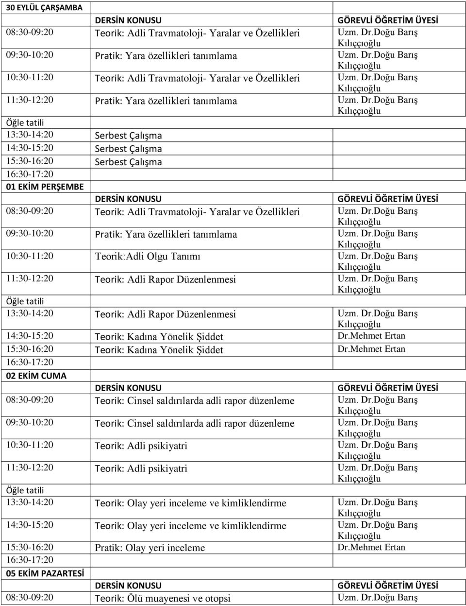 Dr.Doğu Barış 10:30-11:20 Teorik:Adli Olgu Tanımı Uzm. Dr.Doğu Barış 11:30-12:20 Teorik: Adli Rapor Düzenlenmesi Uzm. Dr.Doğu Barış 13:30-14:20 Teorik: Adli Rapor Düzenlenmesi Uzm. Dr.Doğu Barış 14:30-15:20 Teorik: Kadına Yönelik Şiddet Dr.