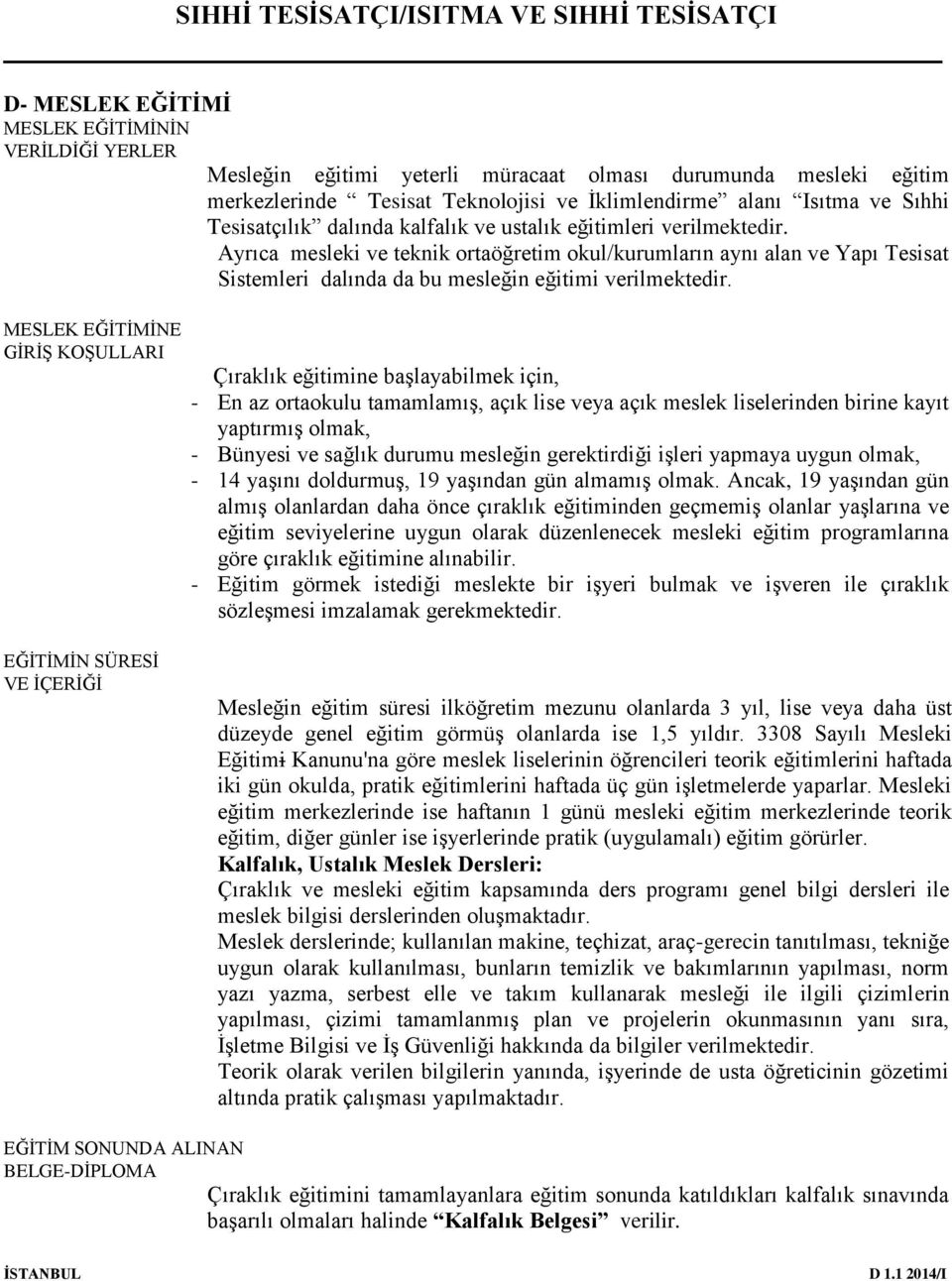 Ayrıca mesleki ve teknik ortaöğretim okul/kurumların aynı alan ve Yapı Tesisat Sistemleri dalında da bu mesleğin eğitimi verilmektedir.