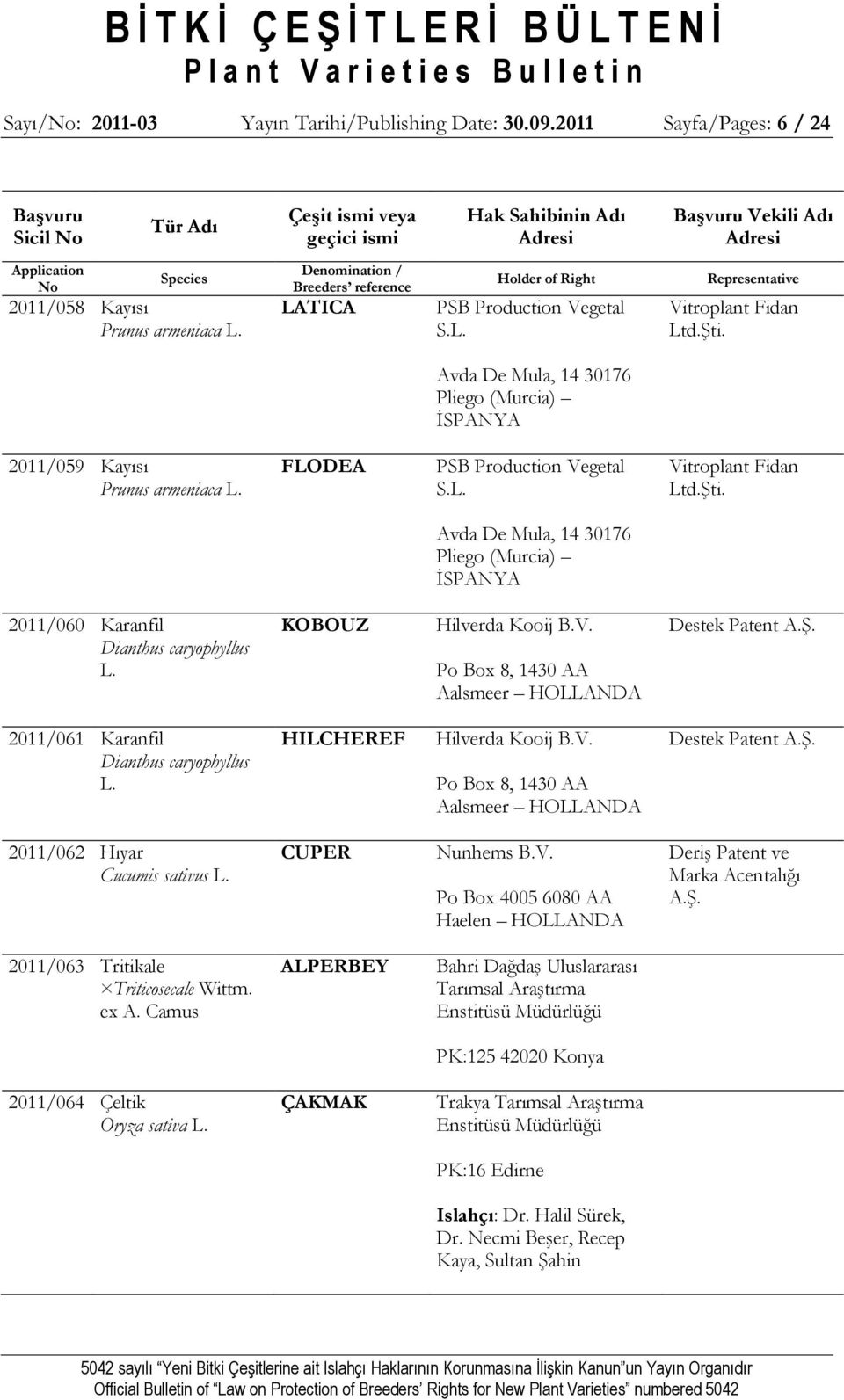 FLODEA PSB Production Vegetal S.L. Vitroplant Fidan Ltd.Şti. Avda De Mula, 14 30176 Pliego (Murcia) İSPANYA 2011/060 Karanfil Dianthus caryophyllus L. KOBOUZ Hilverda Kooij B.V. Po Box 8, 1430 AA Aalsmeer HOLLANDA Destek Patent A.