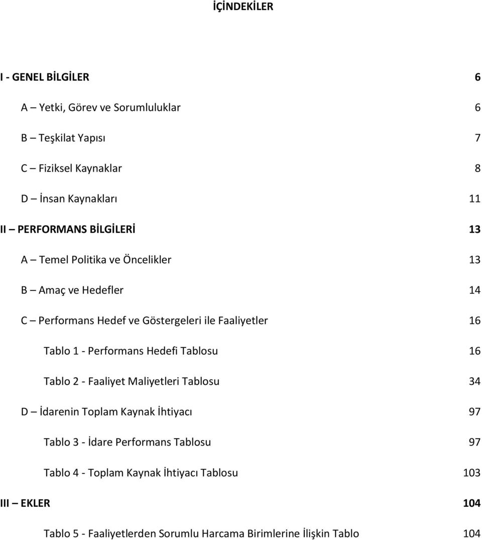 Tablo 1 - Performans Hedefi Tablosu 16 Tablo 2 - Faaliyet Maliyetleri Tablosu 34 D İdarenin Toplam Kaynak İhtiyacı 97 Tablo 3 - İdare