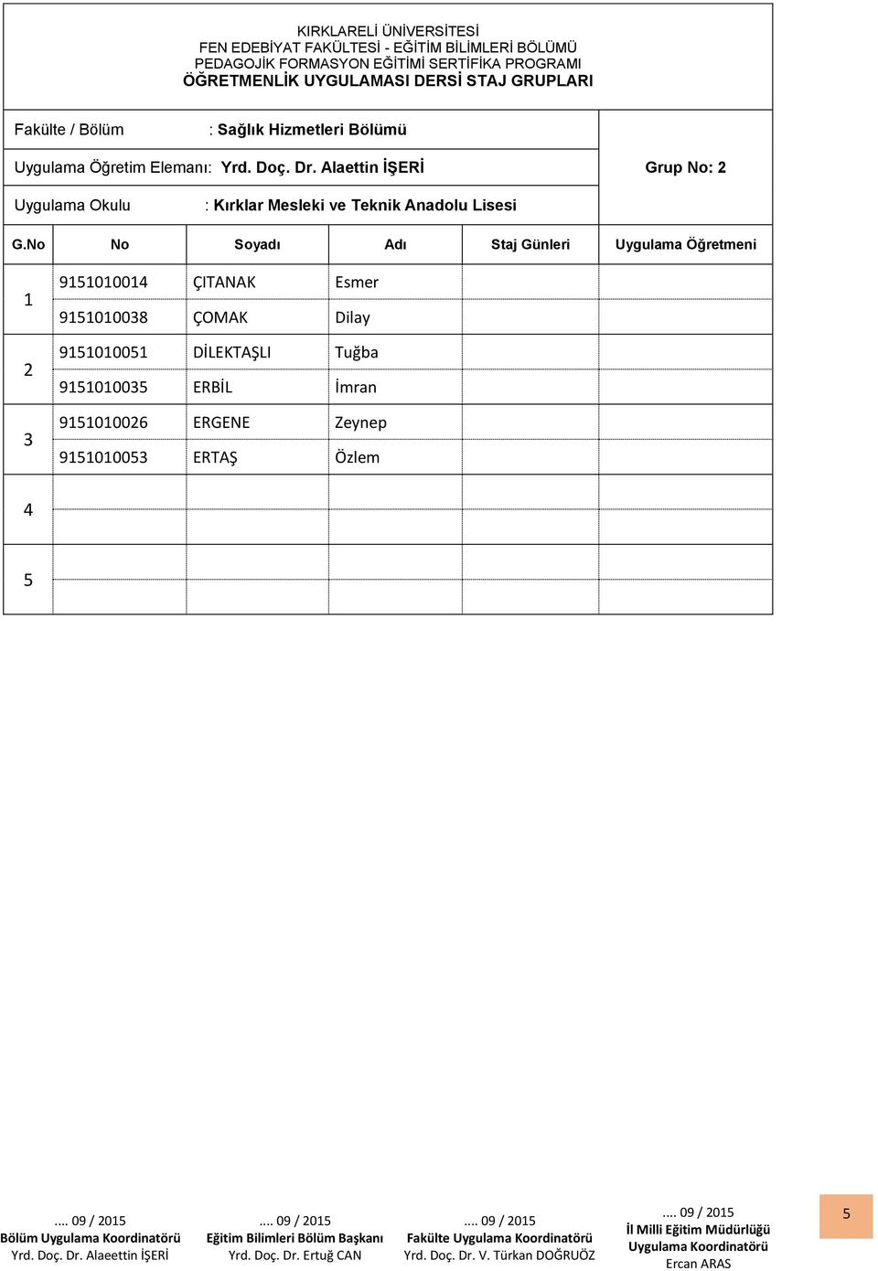 Alaettin İŞERİ Grup No: Uygulama Okulu : Kırklar Mesleki ve Teknik Anadolu Lisesi Staj Günleri Uygulama Öğretmeni 9000 ÇITANAK Esmer 90008 ÇOMAK Dilay 9000 DİLEKTAŞLI Tuğba