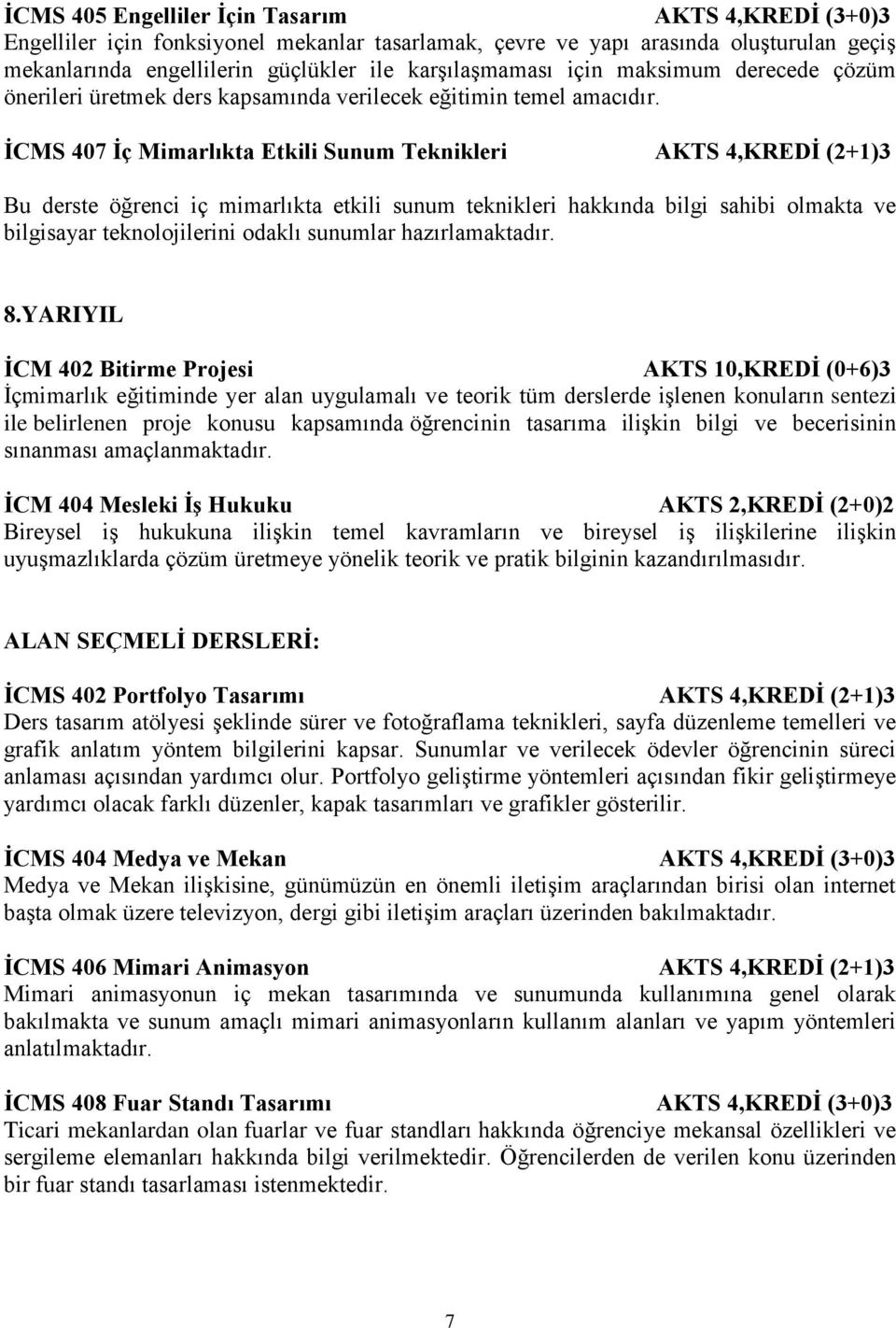 İCMS 407 İç Mimarlıkta Etkili Sunum Teknikleri AKTS 4,KREDİ (2+1)3 Bu derste öğrenci iç mimarlıkta etkili sunum teknikleri hakkında bilgi sahibi olmakta ve bilgisayar teknolojilerini odaklı sunumlar