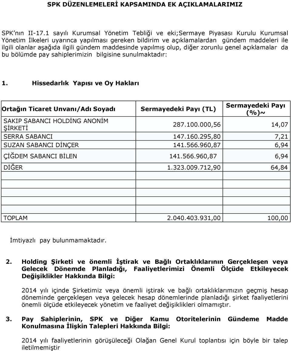 gündem maddesinde yapılmış olup, diğer zorunlu genel açıklamalar da bu bölümde pay sahiplerimizin bilgisine sunulmaktadır: 1.