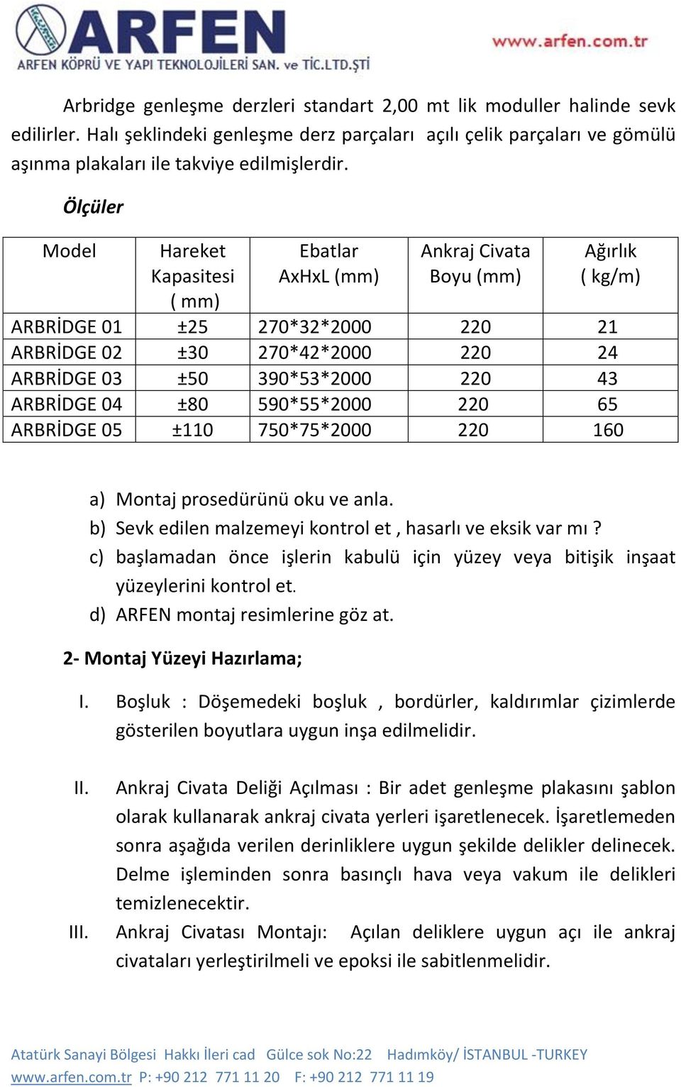 43 ARBRİDGE 04 ±80 590*55*2000 220 65 ARBRİDGE 05 ±110 750*75*2000 220 160 a) Montaj prosedürünü oku ve anla. b) Sevk edilen malzemeyi kontrol et, hasarlı ve eksik var mı?