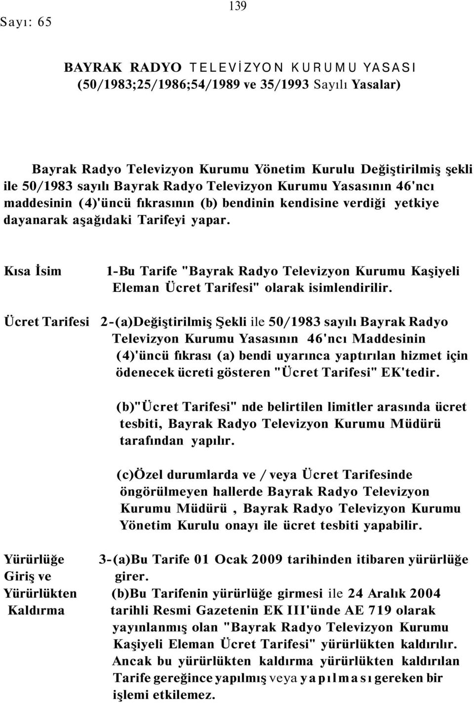 Kısa İsim 1Bu Tarife "Bayrak Radyo Televizyon Kurumu Kaşiyeli Eleman Ücret Tarifesi" olarak isimlendirilir.