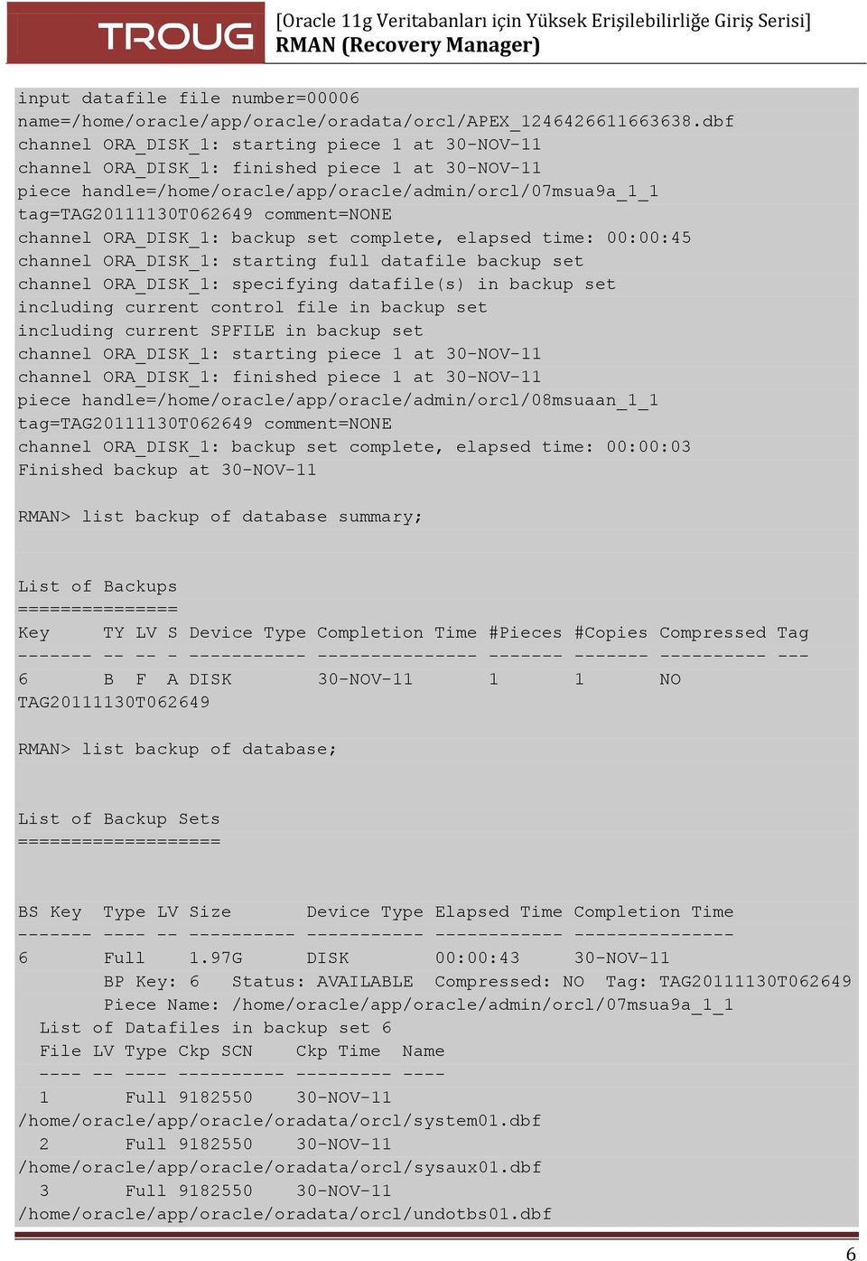 comment=none channel ORA_DISK_1: backup set complete, elapsed time: 00:00:45 channel ORA_DISK_1: starting full datafile backup set channel ORA_DISK_1: specifying datafile(s) in backup set including