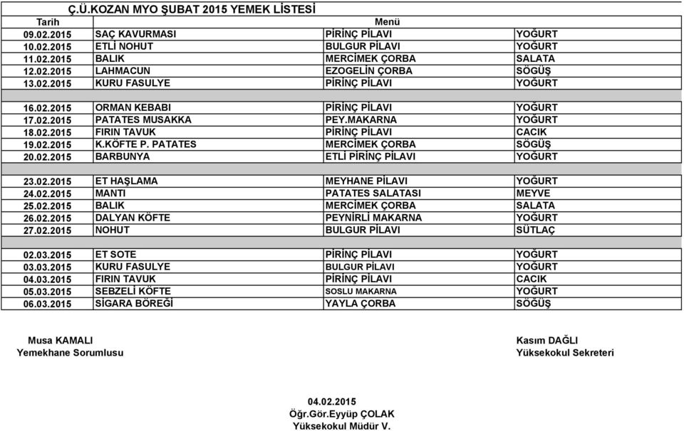 PATATES MERCİMEK ÇORBA SÖGÜŞ 20.02.2015 BARBUNYA ETLİ PİRİNÇ PİLAVI YOĞURT 23.02.2015 ET HAŞLAMA MEYHANE PİLAVI YOĞURT 24.02.2015 MANTI PATATES SALATASI MEYVE 25.02.2015 BALIK MERCİMEK ÇORBA SALATA 26.