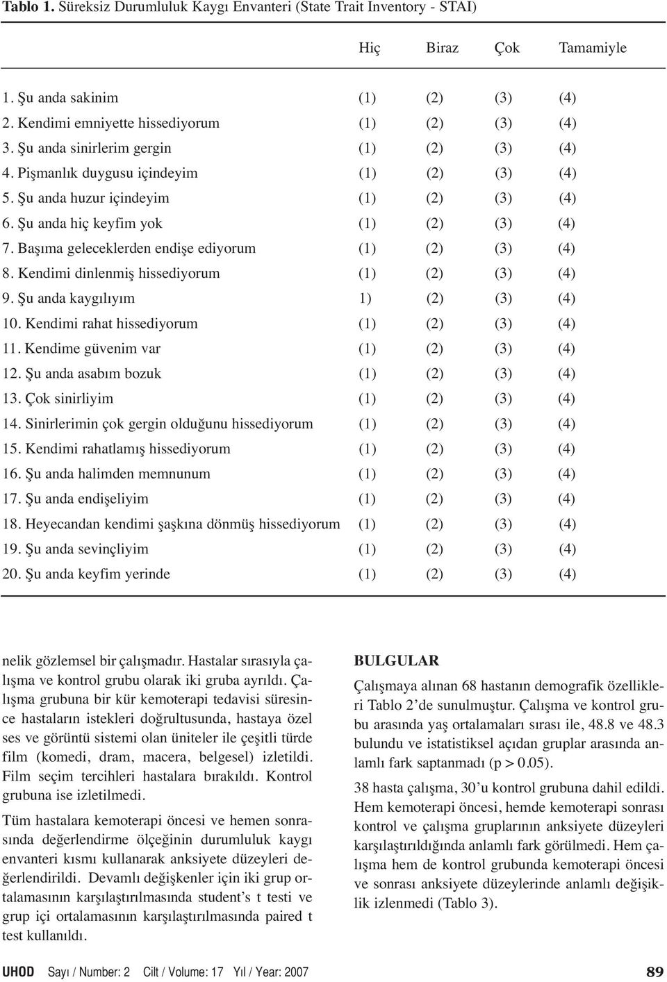 Başıma geleceklerden endişe ediyorum (1) (2) (3) (4) 8. Kendimi dinlenmiş hissediyorum (1) (2) (3) (4) 9. Şu anda kaygılıyım 1) (2) (3) (4) 10. Kendimi rahat hissediyorum (1) (2) (3) (4) 11.