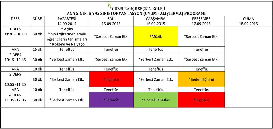 10:15-10:45 30 dk *Serbest Zaman Etk. *Serbest Zaman Etk. *Serbest Zaman Etk. *Serbest Zaman Etk. 30 dk *Serbest Zaman Etk. *İngilizce *Serbest Zaman Etk.