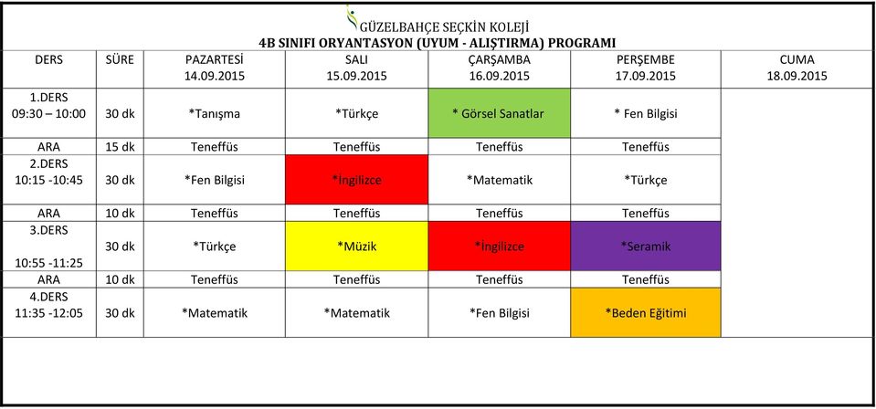 10:15-10:45 30 dk *Fen Bilgisi *İngilizce *Matematik *Türkçe 30 dk *Türkçe