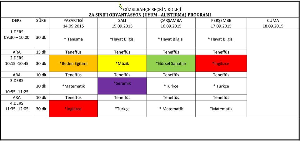 *Beden Eğitimi *Müzik *Görsel Sanatlar *İngilizce *Seramik 30 dk